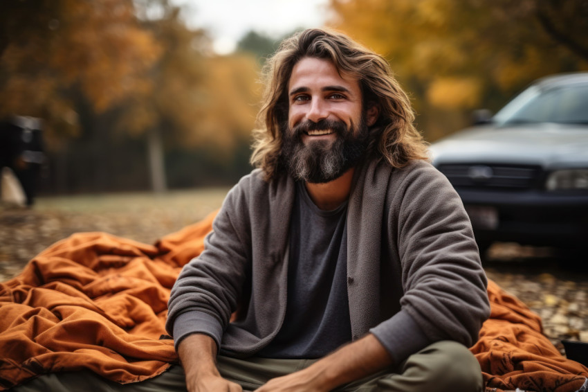 Man sitting on a blanket in the park surrounded by vibrant autum