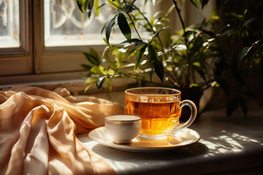 Cozy ambiance with a vintage teapot and teacup on a windowsill illuminated by soft daylight