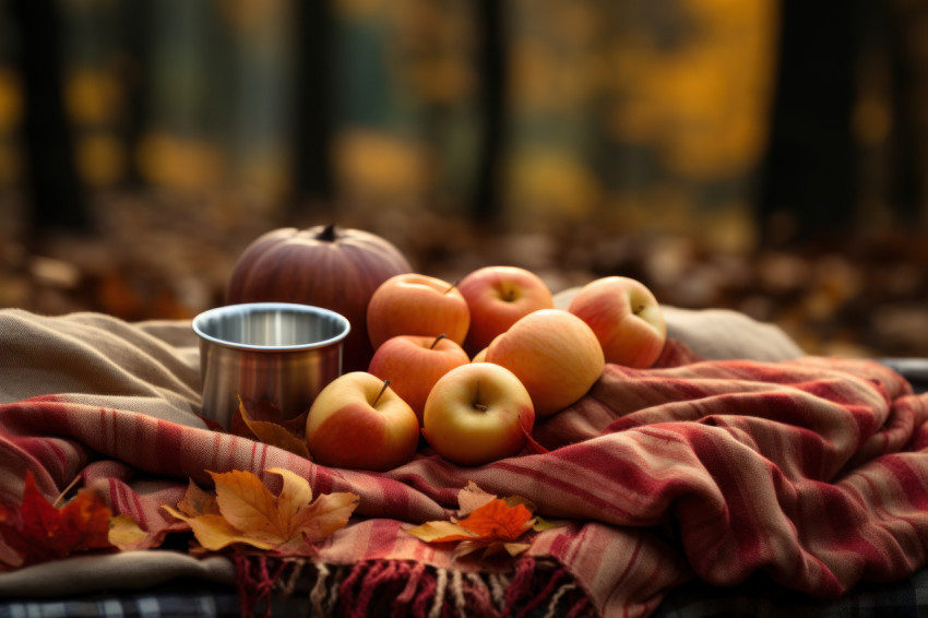 A blanket pumpkins apples and steaming beverages in the forest