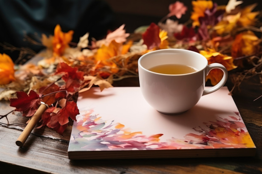 Artist on a wooden easel with a cup of tea in a picturesque scene