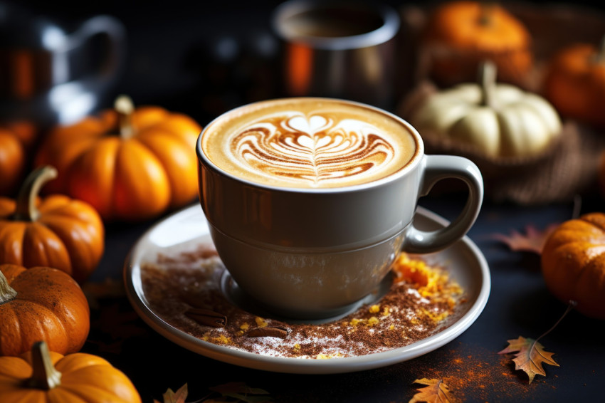 Close up of pumpkin spice latte with artistic foam patterns