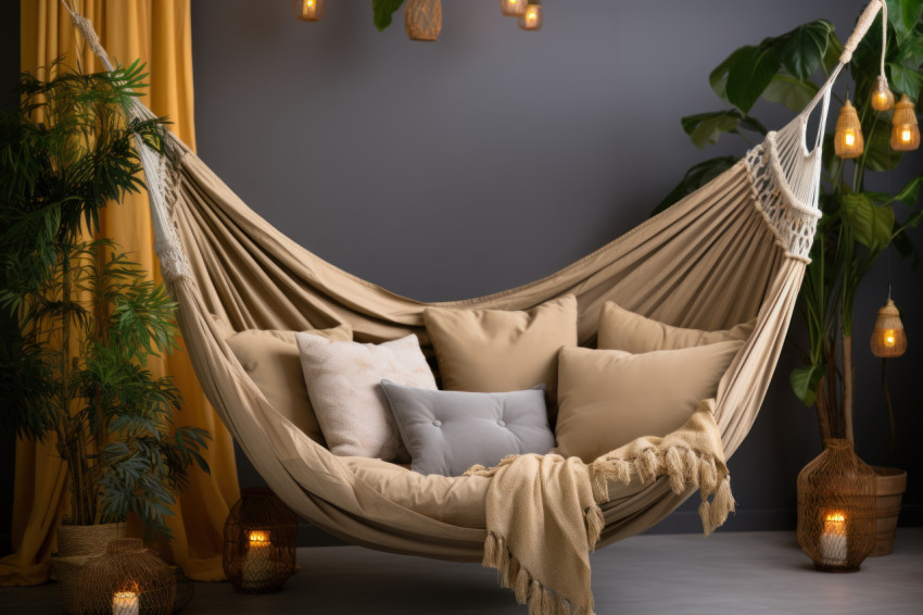 Cozy indoor hammock draped in soft blankets inviting relaxation and daydreams