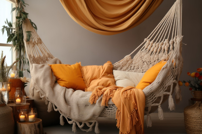 Embrace tranquility in a softly adorned indoor hammock your retreat for relaxation