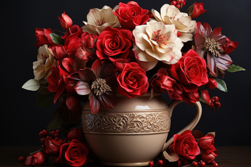 A vintage vase filled with amaryllis and winter roses