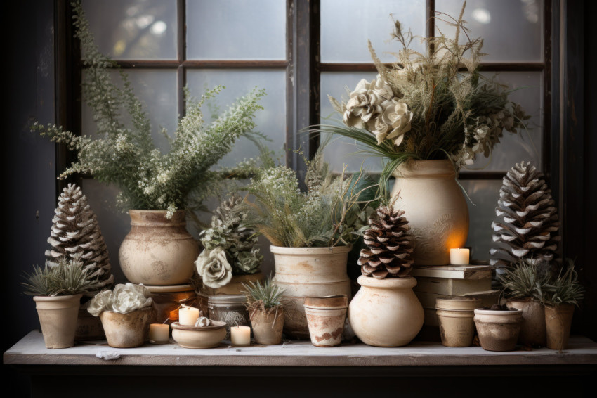 A display of winter plants and pinecones bathed in soft natural light