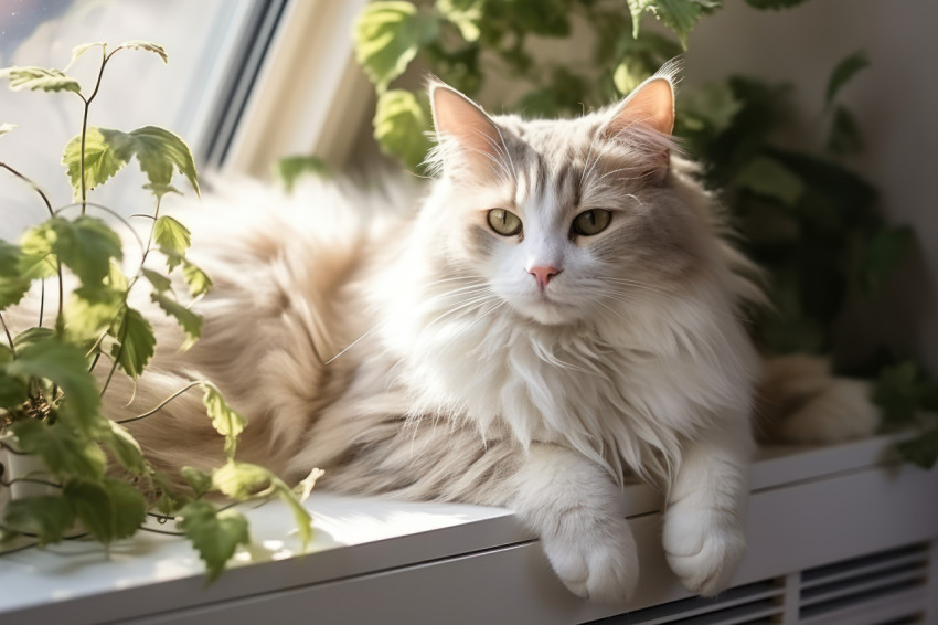 A fluffy bed by the window accompanied by a resting cat or dog