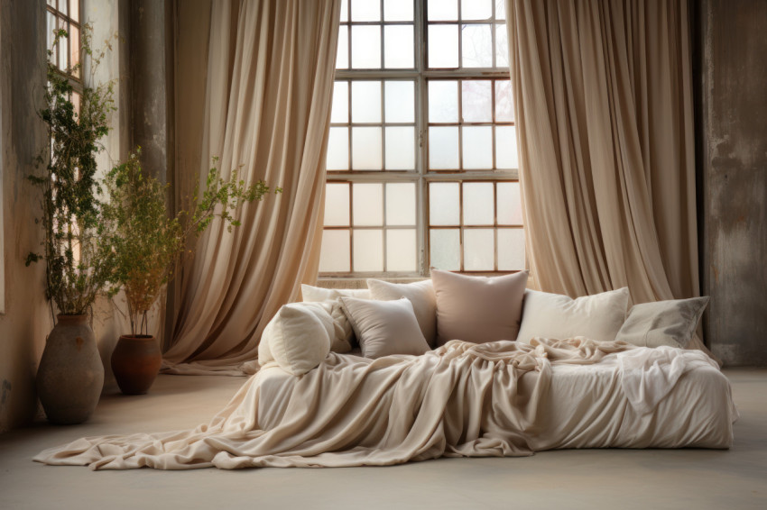 Cozy bed scene illuminated by gentle natural light and plush fabrics