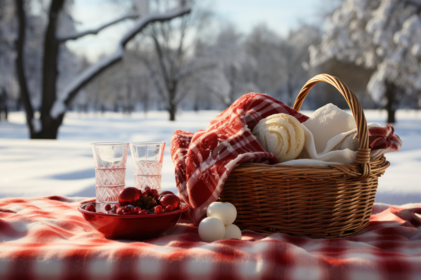 Scenic winter picnic blanket with basket of cold weather delights