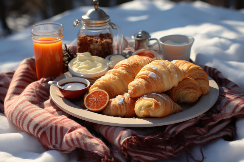 A snowy picnic scene with festive winter snacks and hot drinks