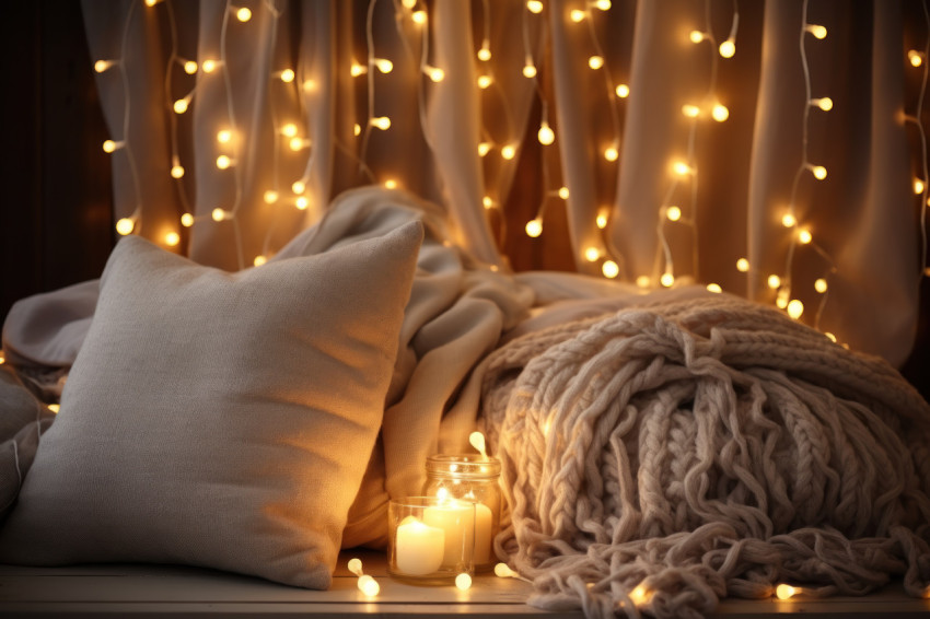 Cozy corner with a knitted pillow illuminated by enchanting fairy lights