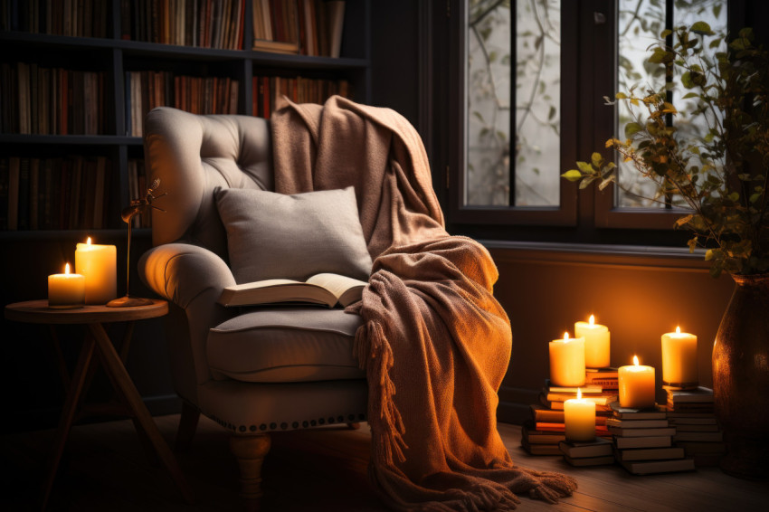 A dimly lit room adorned with books a reading chair and the soft glow of a candle