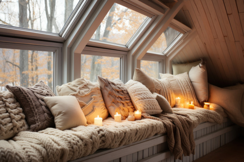 A comfortable window spot enhanced by colorful sweater pillow accents