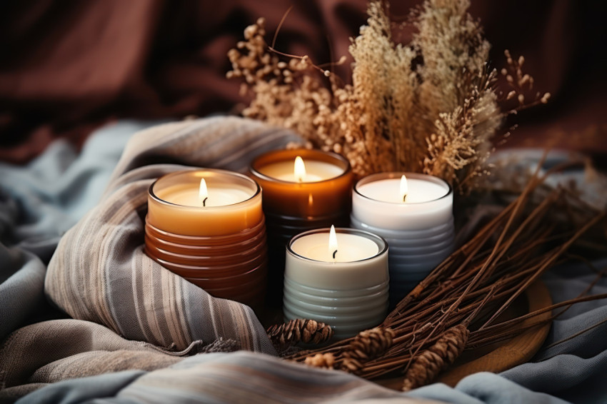 A display of cinnamon and pine scented candles