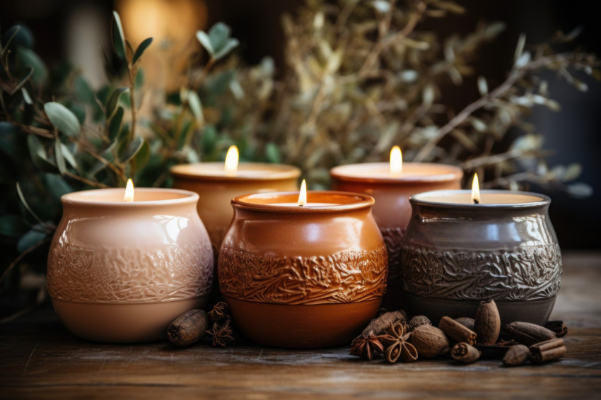 A tray of cinnamon and pine scented candles