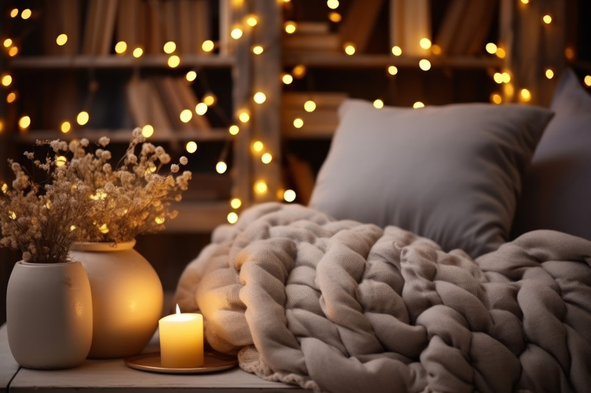 Dreamy ambiance with a knitted pillow and twinkling fairy lights