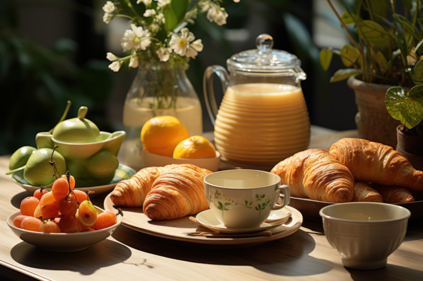 Start your day right with a delightful breakfast scene featuring pastries fruit and a pot of hot coffee