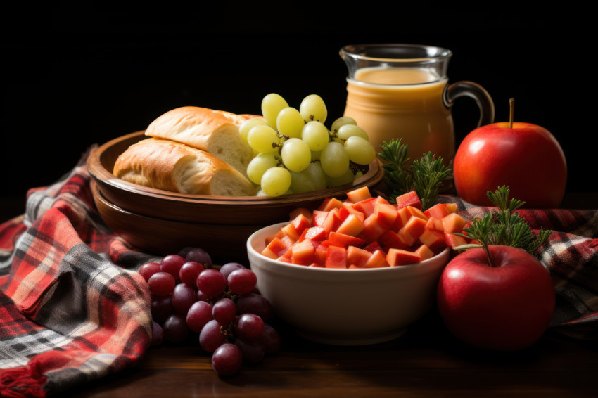 Plaid blanket basket of fruits and steaming hot soup