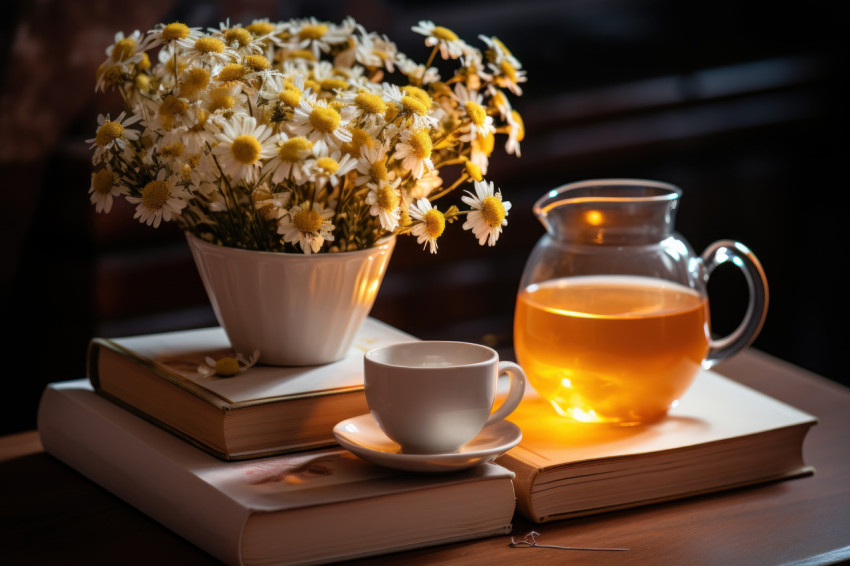 Relaxing bedtime with a stack of books warm light and chamomile tea on a bedside table