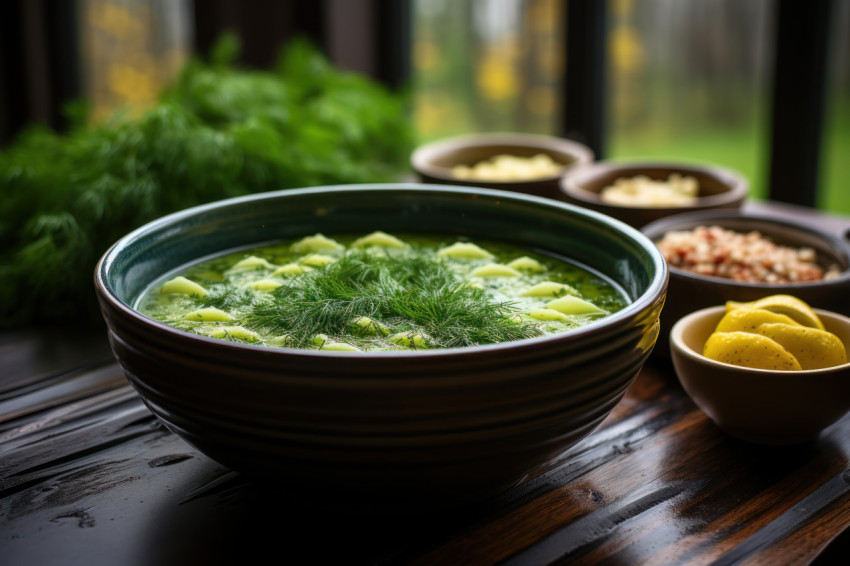 Hot soup on a rainy day with raindrops in the background