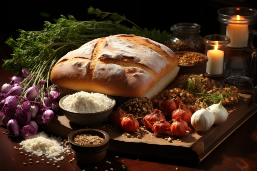 Warm and inviting kitchen scene featuring an open recipe book baking ingredients and a ready oven