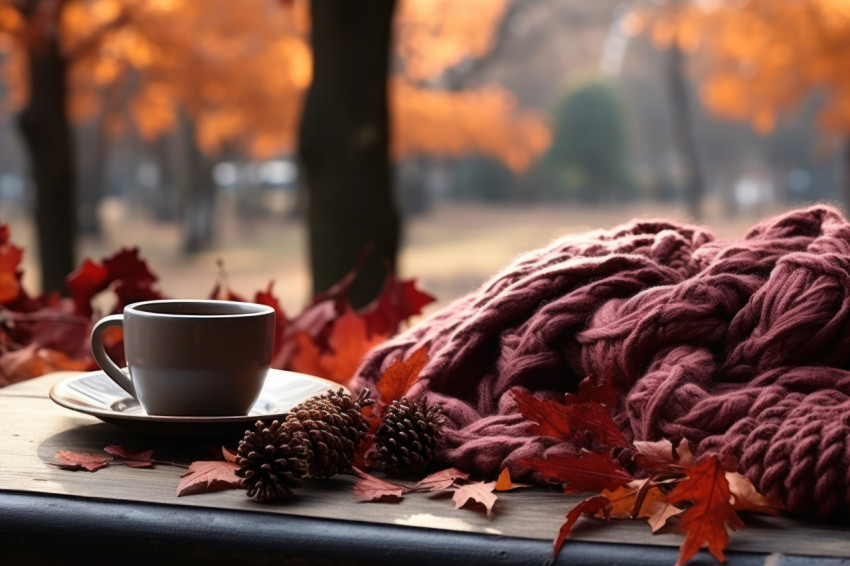 Park bench coffee and scarf in a tranquil outdoor setting