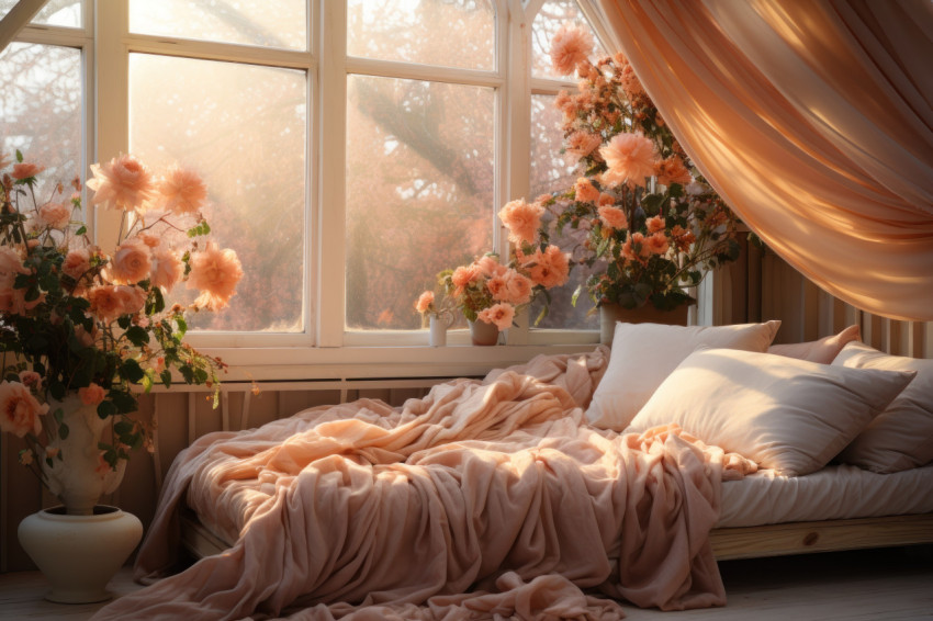 Dreamy morning light and soft textiles in a fog filled room