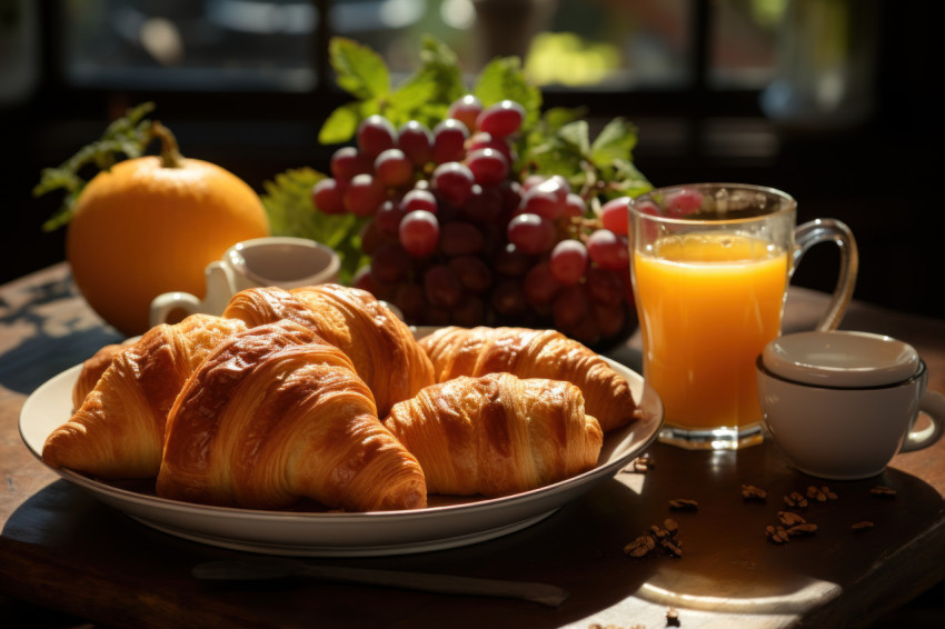 Warm pastries fresh fruit and a pot of coffee in a cozy morning ambiance