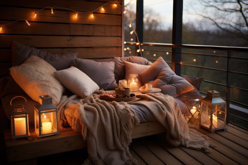 Experience the comfort of a cozy balcony oasis with blankets cushions
