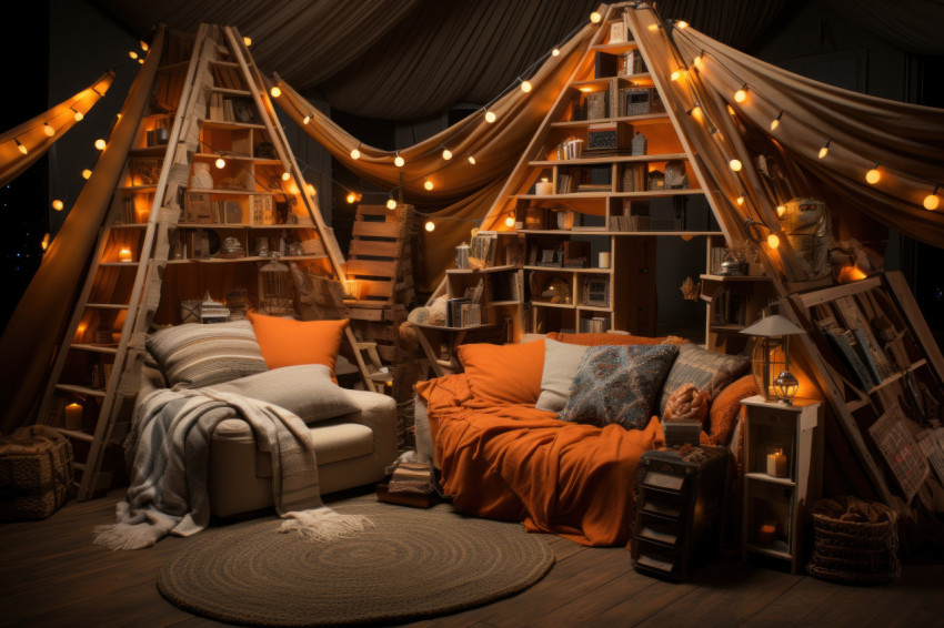 Blanket fort with cozy lighting