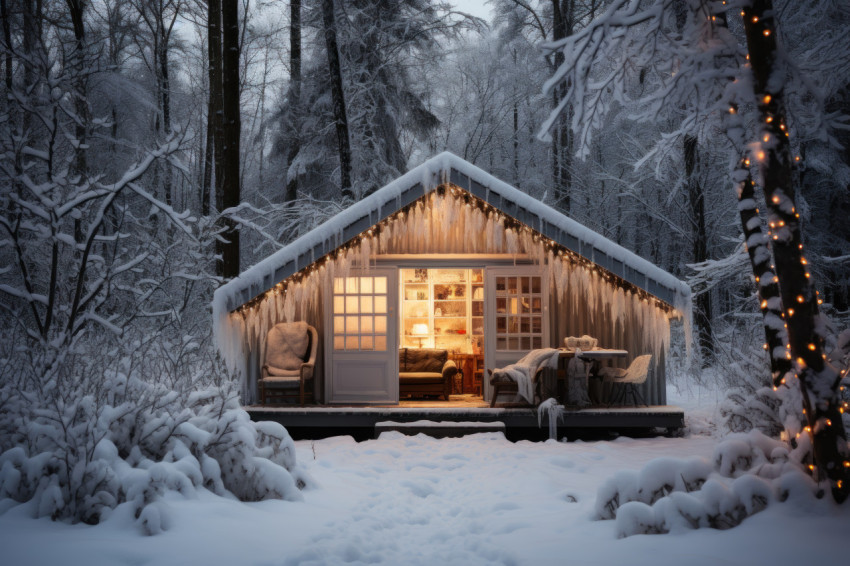 Cabin elegantly blanketed in winter charm