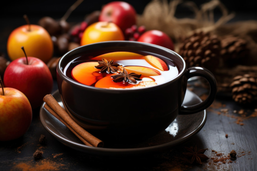 A mug of hot apple cider on a wooden table surrounded by spices