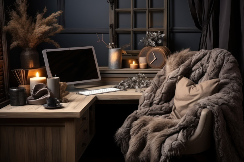 Comfortable and productive home office ambiance with knitted blanket