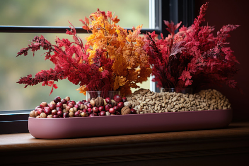 A cozy indoor scene with a window ledge dressed in the rich hues of autumn