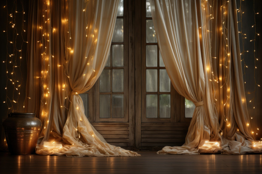 A room bathed in a soft glowing aura from draped string lights