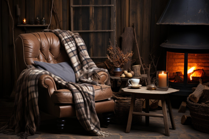 Relaxing scene with an armchair blanket and steaming tea