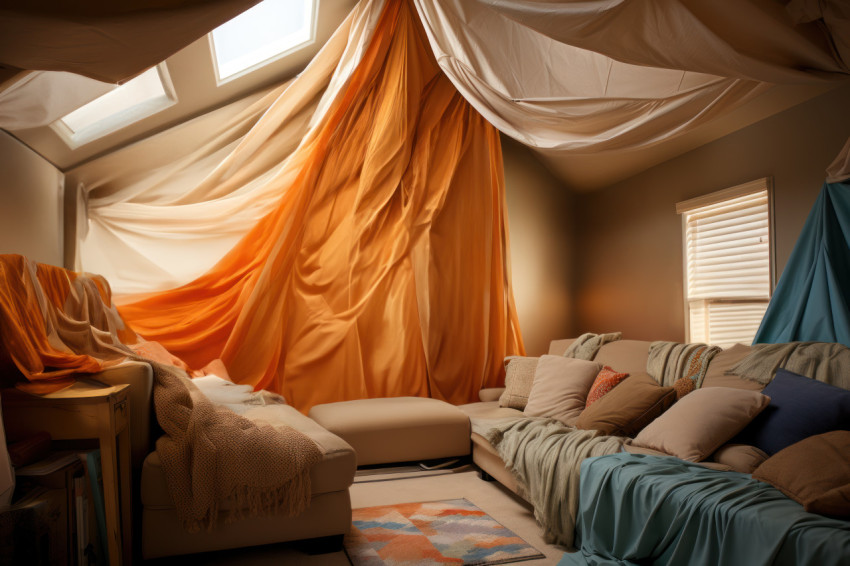 A warm blanket fort nestled in the living room