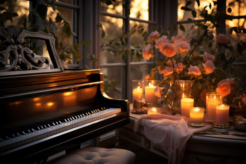 A corner adorned with a piano bathed in warm light