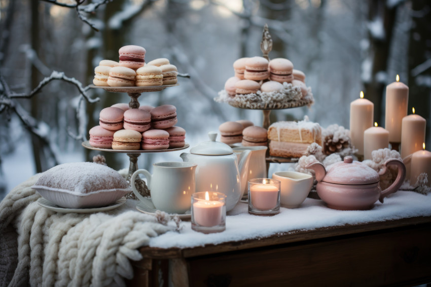 Cozy hygge tea party set in a winter wonderland