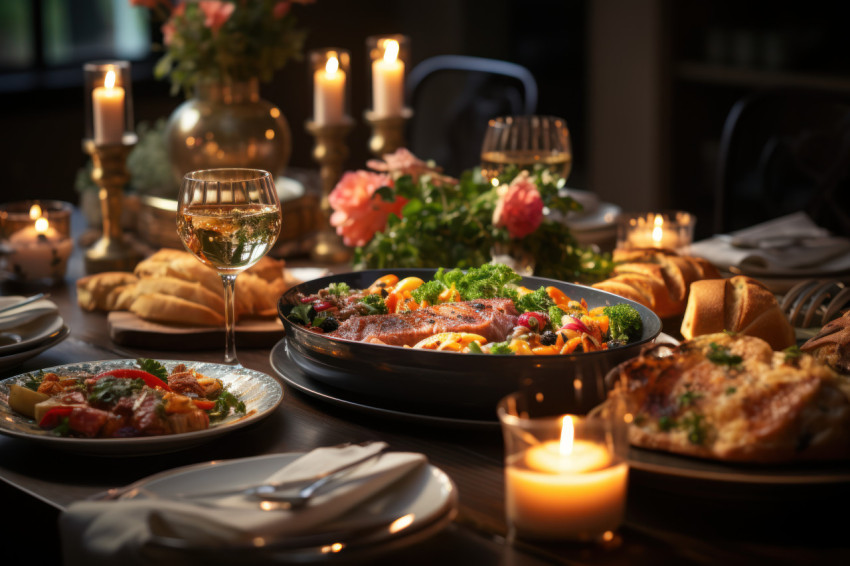 Elegantly set table with fine dishes festive decorations and the warm glow of candlelight