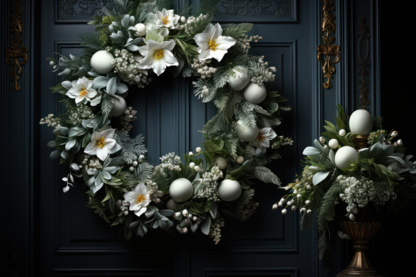 Winter wreath hanging on a wooden door