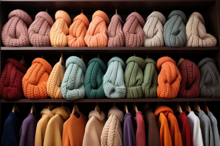 Neatly folded oversized sweaters in a cozy closet