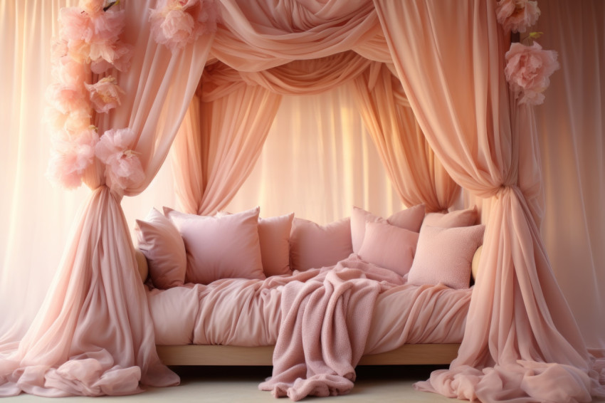 Canopy bed adorned with soft pillows and draped sheer elegance