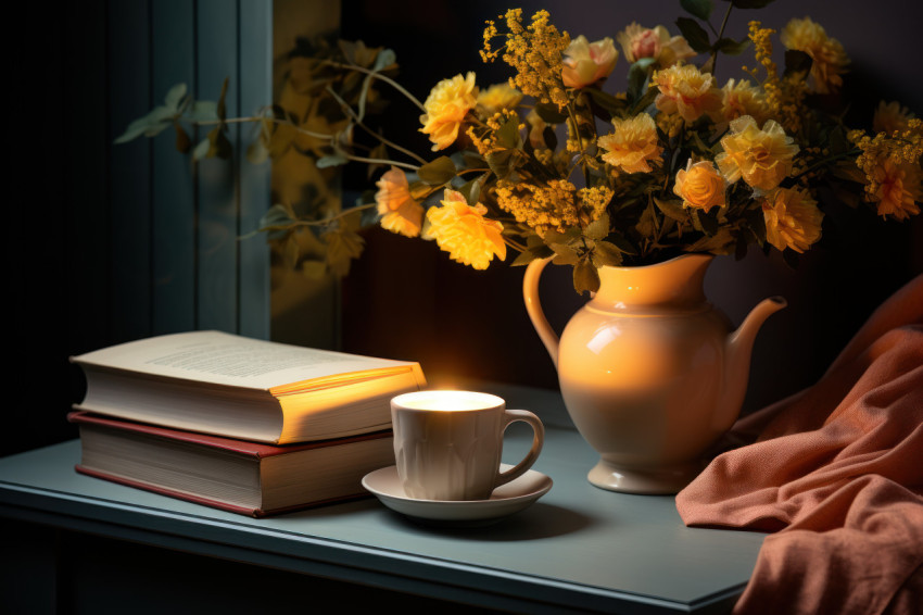 Tranquil bedtime ambiance with a stack of books warm lighting and soothing tea