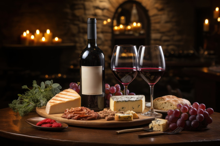 Intimate fireside scene featuring red wine wine glasses and a delightful cheese spread