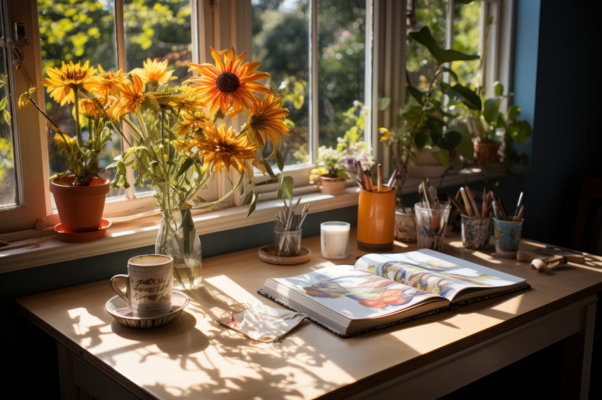 A sunlit tableau of an artist sketchbook and pencils in a hygge atmosphere