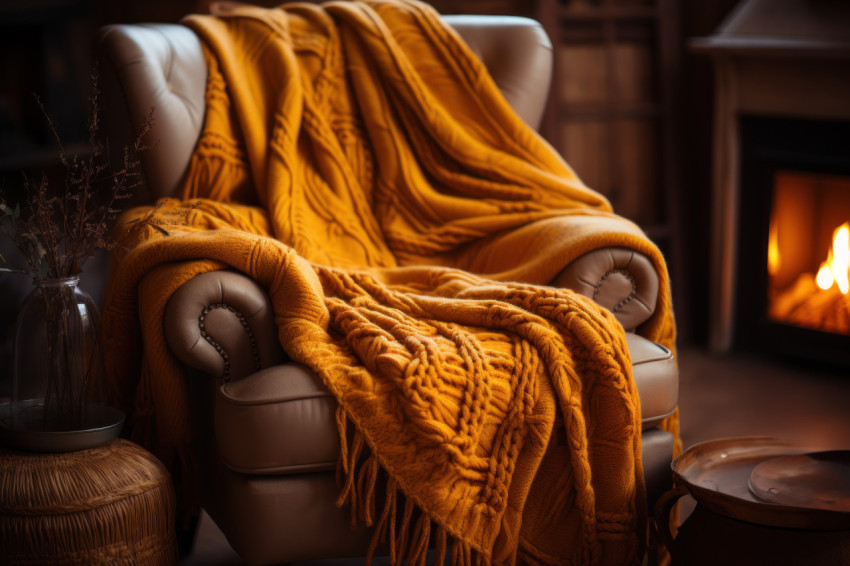 Serene ambiance as a wool blanket adorns a chair embracing the play of fireplace light