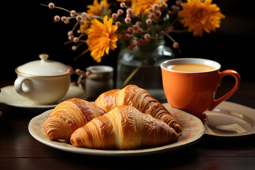 A coffee pastries and a cozy table setting bathed in warm colors