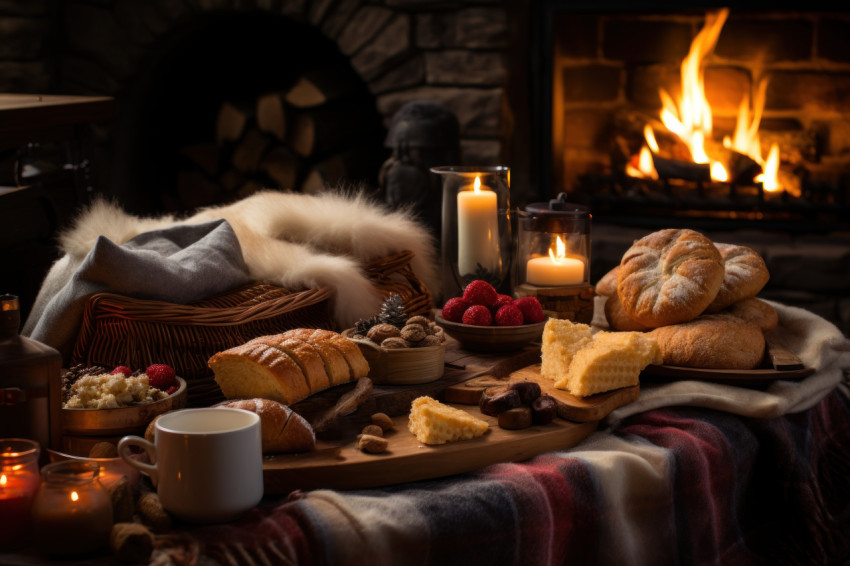 Fireside picnic with winter comfort blankets and a basket of delicious treats