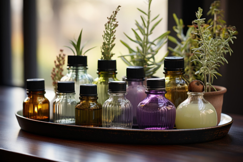 Essential oil bottles emitting tranquil scents