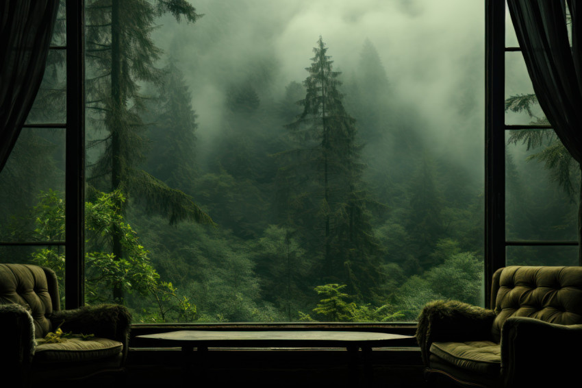 Tranquil home ambiance with a view of a fog draped woodland through the window